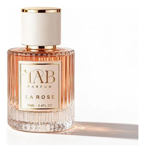 Frasco do perfume TAB La Rose de 70 ml, com tampa clara e detalhes dourados